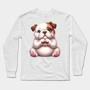 Valentine Bulldog Giving Heart Hand Sign Long Sleeve T-Shirt